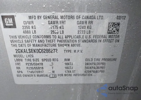 2012 GMC Terrain Sle-2 from USA, damaged, VIN 2GKALSEK0C6286272